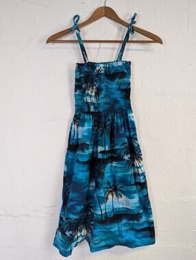 Puanani by RJC Hawaiian Sundress Blue Ocean Tie Straps Stretch Smocked Small